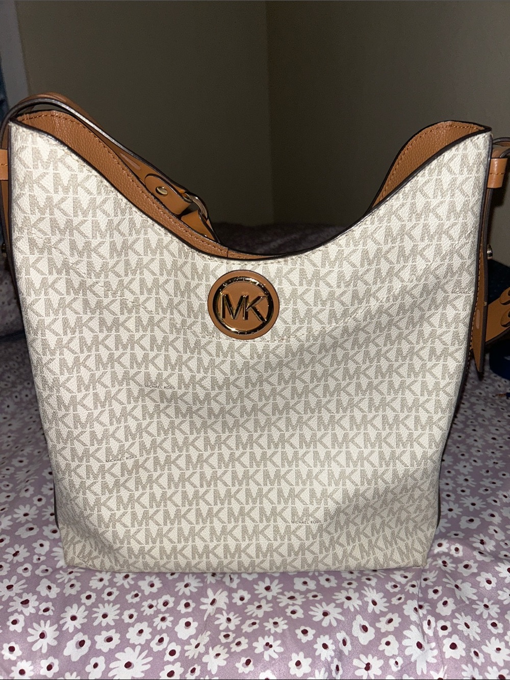 Michael Kors Cream and Tan MK Logo Shoulder Bag